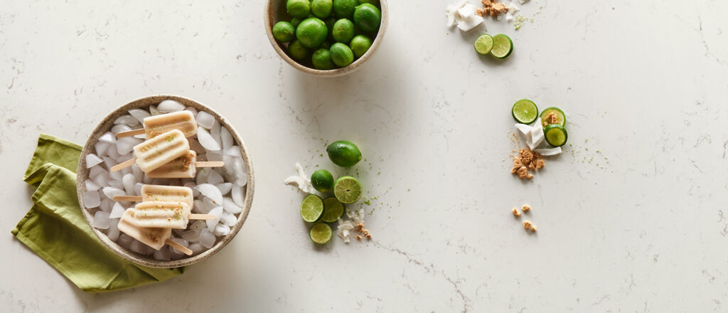 Top view of kitchen countertop with food decorations